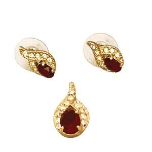 Roman Set Pendant Earring Faux Red Ruby Rhinestone Gold Tone Metal Faux Diamonds